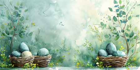 Painting of decorative Easter Eggs in a beautiful heartwarming setting, well suited for a premium cardの素材