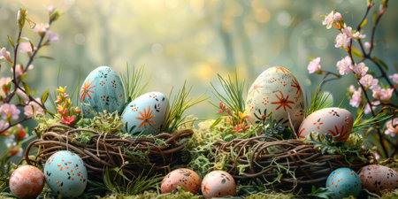 Painting of decorative Easter Eggs in a beautiful heartwarming setting, well suited for a premium cardの素材