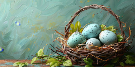 Painting of decorative Easter Eggs in a beautiful heartwarming setting, well suited for a premium cardの素材