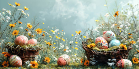 Painting of decorative Easter Eggs in a beautiful heartwarming setting, well suited for a premium cardの素材