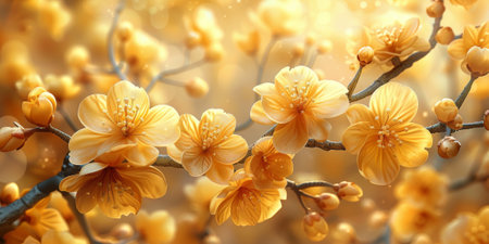 Happy Easter! Colorful Easter chocolate eggs with cherry blossoms flat lay background. Stylish tender spring template with space for text. Greeting card or banner.の素材