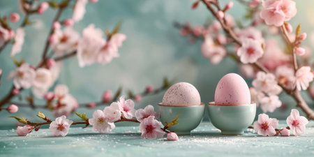 Happy Easter! Colorful Easter chocolate eggs with cherry blossoms flat lay background. Stylish tender spring template with space for text. Greeting card or banner.の素材