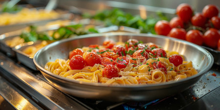 Classic Pasta on kitchen background. Diet and food concept.の素材