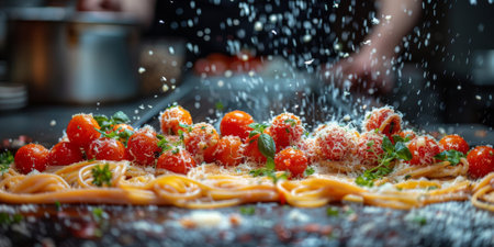 Classic Pasta on kitchen background. Diet and food concept.の素材