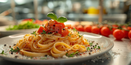 Classic Pasta on kitchen background. Diet and food concept.の素材
