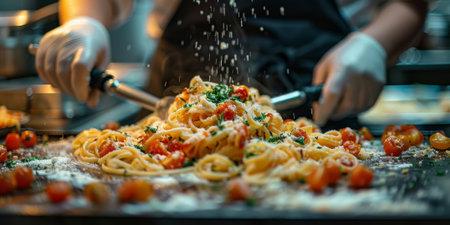 Classic Pasta on kitchen background. Diet and food concept.の素材