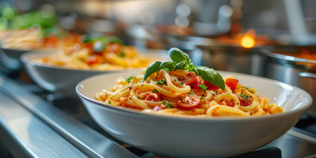Classic Pasta on kitchen background. Diet and food concept.の素材