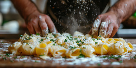 Classic Pasta on kitchen background. Diet and food concept.の素材