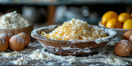 Classic Pasta on kitchen background. Diet and food concept.の素材