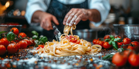Classic Pasta on kitchen background. Diet and food concept.の素材