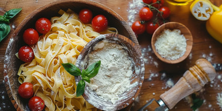 Classic Pasta on kitchen background. Diet and food concept.の素材