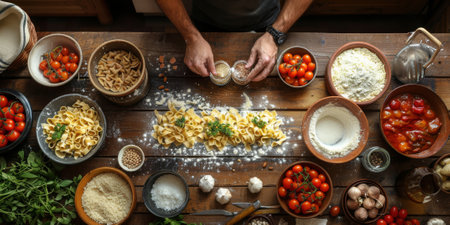Classic Pasta on kitchen background. Diet and food concept.の素材