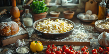 Classic Pasta on kitchen background. Diet and food concept.の素材
