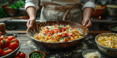 Classic Pasta on kitchen background. Diet and food concept.の素材