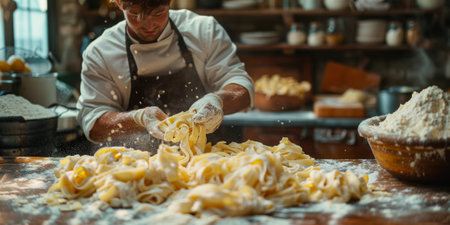 Classic Pasta on kitchen background. Diet and food concept.の素材