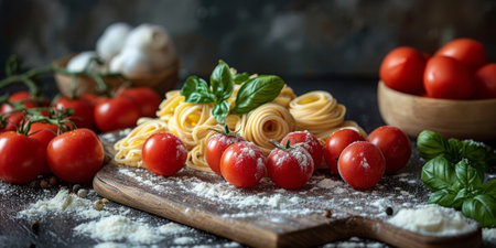 Classic Pasta on kitchen background. Diet and food concept.の素材