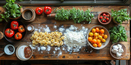 Classic Pasta on kitchen background. Diet and food concept.の素材