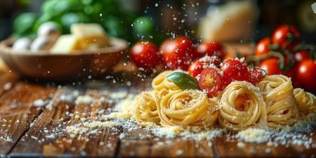 Classic Pasta on kitchen background. Diet and food concept.の素材