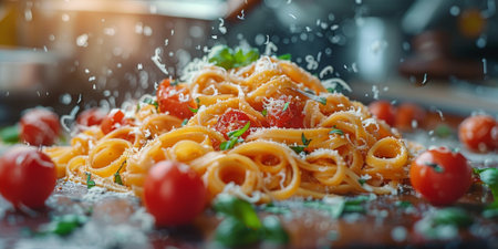 Classic Pasta on kitchen background. Diet and food concept.の素材