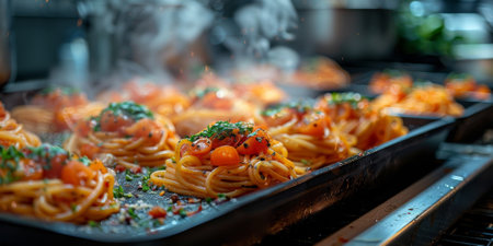 Classic Pasta on kitchen background. Diet and food concept.の素材