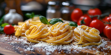 Classic Pasta on kitchen background. Diet and food concept.の素材