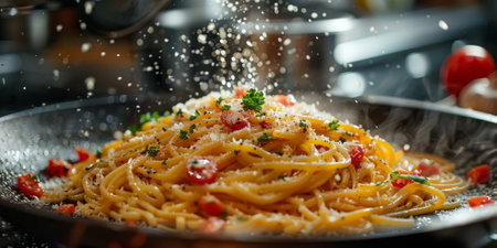 Classic Pasta on kitchen background. Diet and food concept.の素材