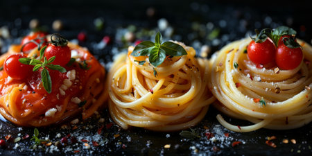Classic Pasta on kitchen background. Diet and food concept.の素材