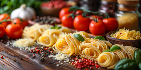 Classic Pasta on kitchen background. Diet and food concept.の素材
