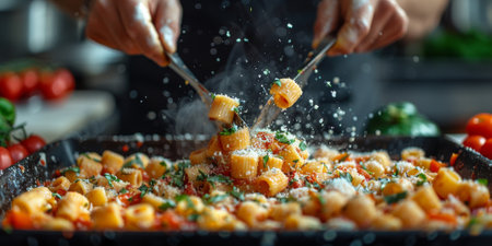 Classic Pasta on kitchen background. Diet and food concept.の素材