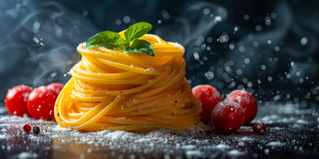 Classic Pasta on kitchen background. Diet and food concept.の素材