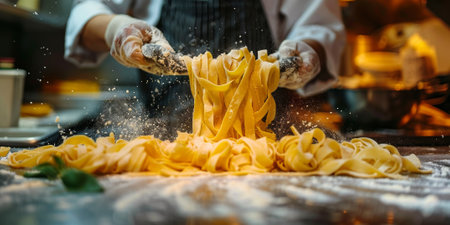Classic Pasta on kitchen background. Diet and food concept.の素材