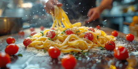 Classic Pasta on kitchen background. Diet and food concept.の素材