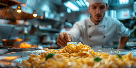 Classic Pasta on kitchen background. Diet and food concept.の素材