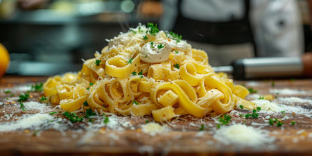 Classic Pasta on kitchen background. Diet and food concept.の素材