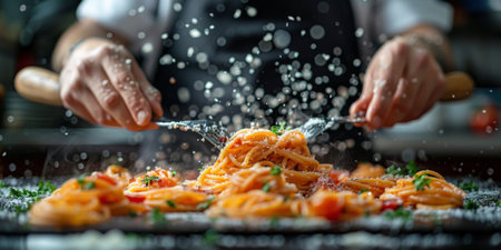 Classic Pasta on kitchen background. Diet and food concept.の素材