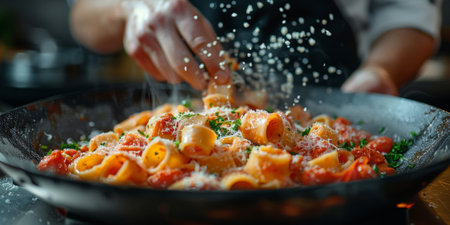 Classic Pasta on kitchen background. Diet and food concept.の素材