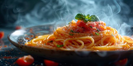 Classic Pasta on kitchen background. Diet and food concept.の素材