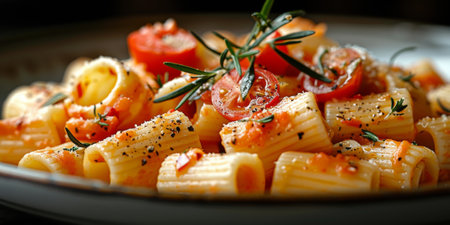 Classic Pasta on kitchen background. Diet and food concept.の素材