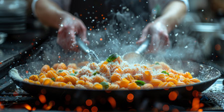 Classic Pasta on kitchen background. Diet and food concept.の素材