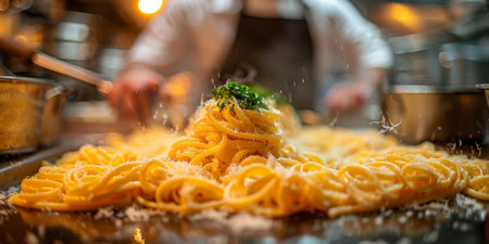 Classic Pasta on kitchen background. Diet and food concept.の素材