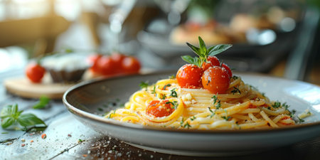 Classic Pasta on kitchen background. Diet and food concept.の素材
