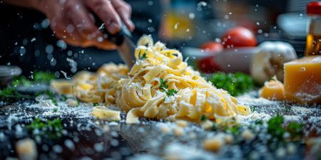Classic Pasta on kitchen background. Diet and food concept.の素材