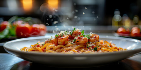 Classic Pasta on kitchen background. Diet and food concept.の素材