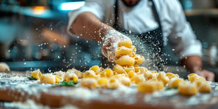 Classic Pasta on kitchen background. Diet and food concept.の素材