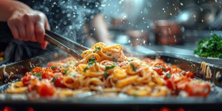 Classic Pasta on kitchen background. Diet and food concept.の素材