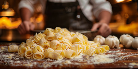 Classic Pasta on kitchen background. Diet and food concept.の素材