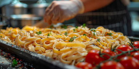 Classic Pasta on kitchen background. Diet and food concept.の素材