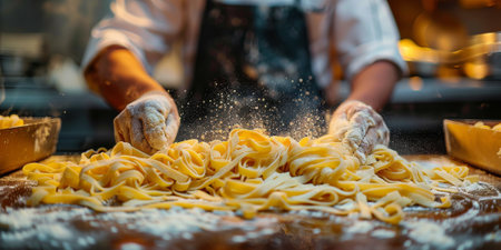 Classic Pasta on kitchen background. Diet and food concept.の素材