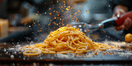 Classic Pasta on kitchen background. Diet and food concept.の素材