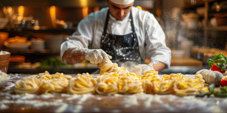 Classic Pasta on kitchen background. Diet and food concept.の素材